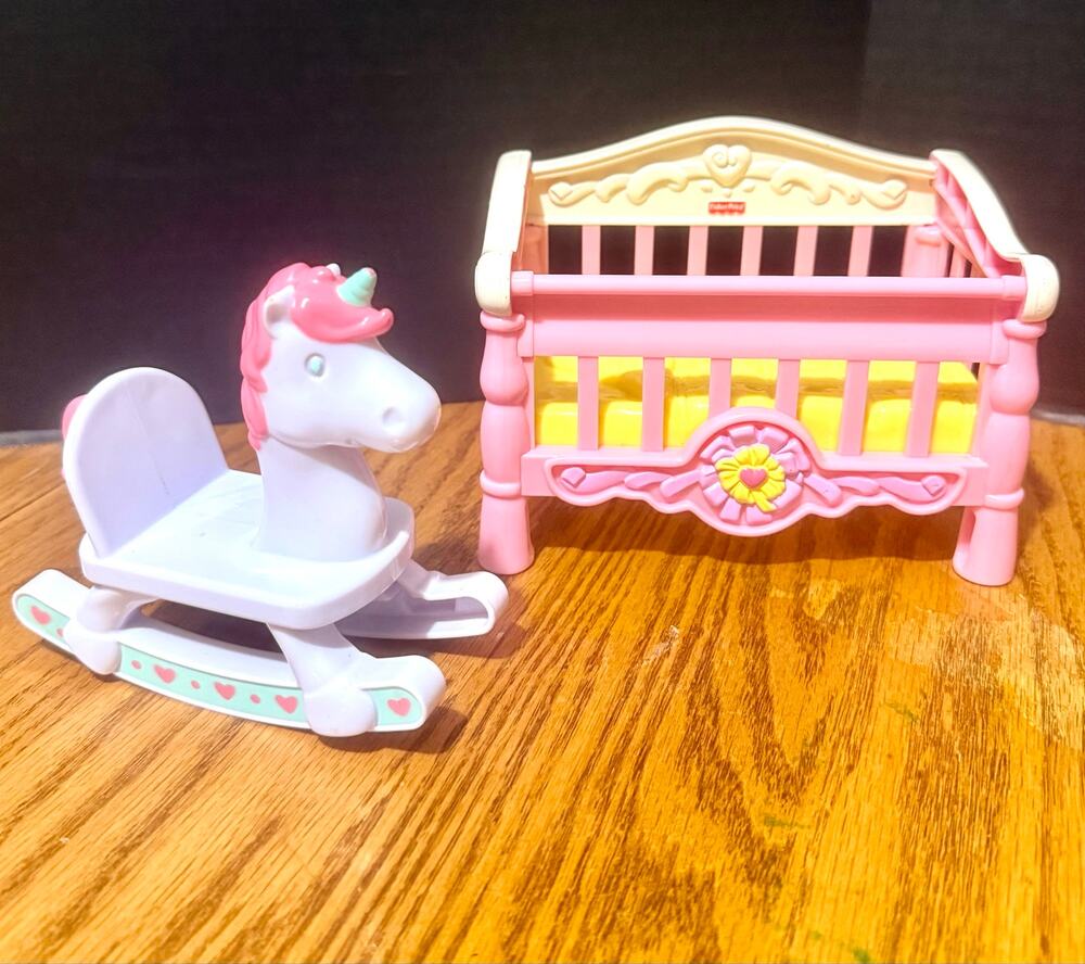 2006 Fisher-Price Snap 'N Style pink & white dollhouse baby crib rocking unicorn